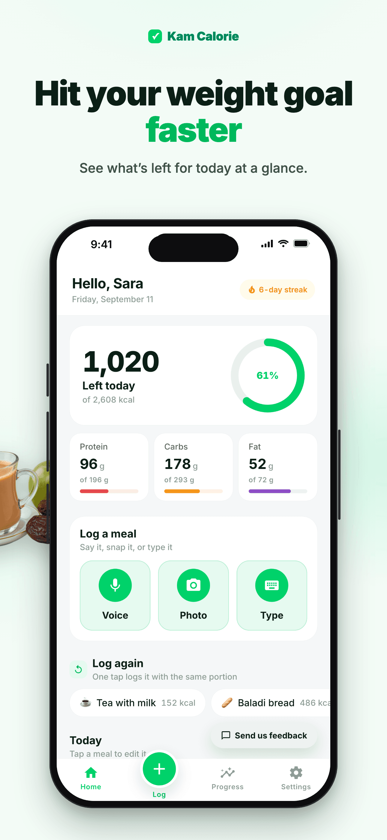 Home screen with daily calories and log methods